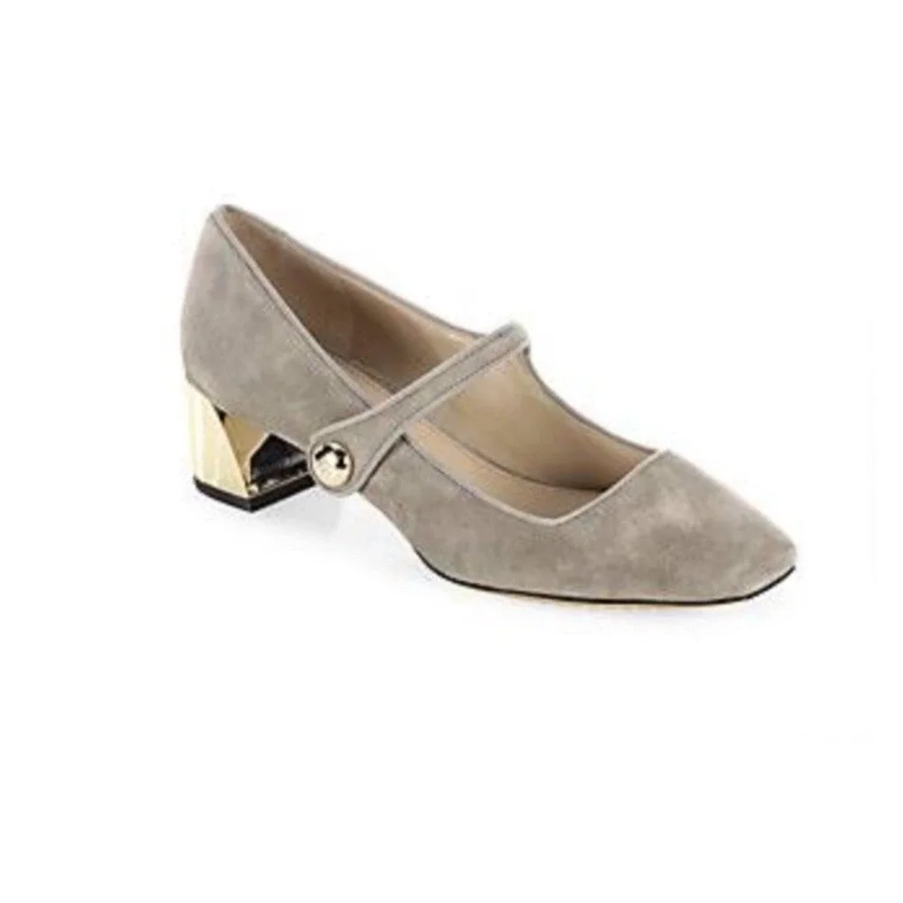 Tory Burch Marisa 40mm Mary‎ Jane Pump in Grey Suede Strap Gold Accent Sz-7 298$